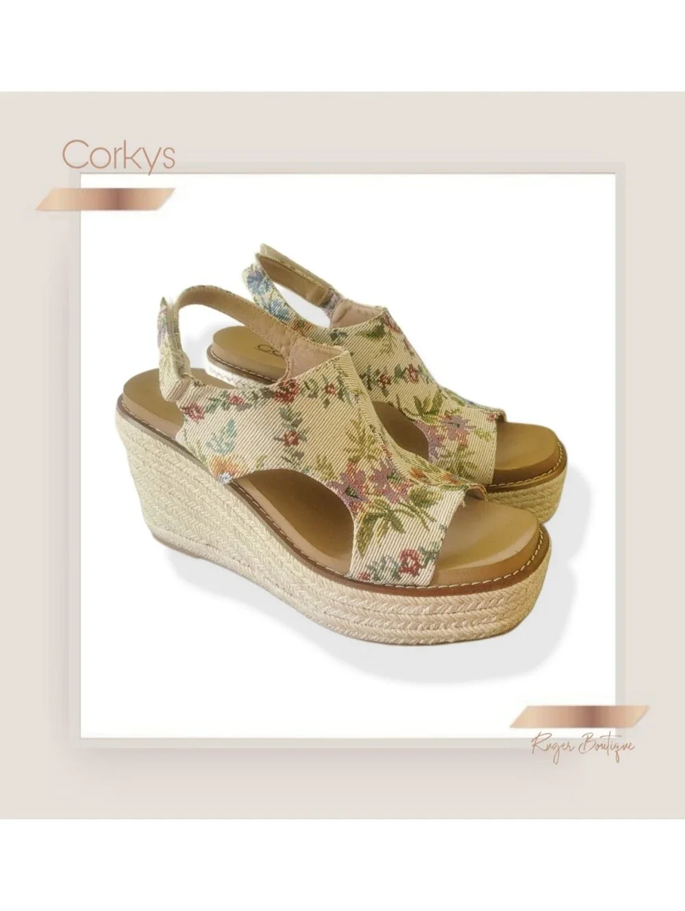 🌿Corkys Sand Brocade Floral Espadrille Wedge Sandals Size 7